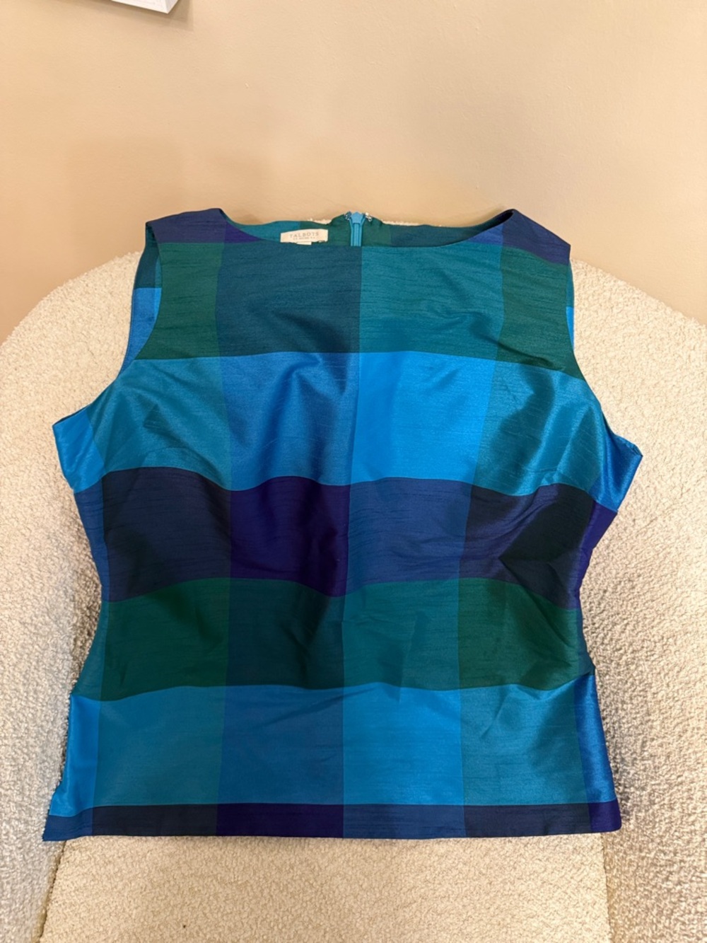 Talbots Plaid Satin Shell Top in Teal & Navy